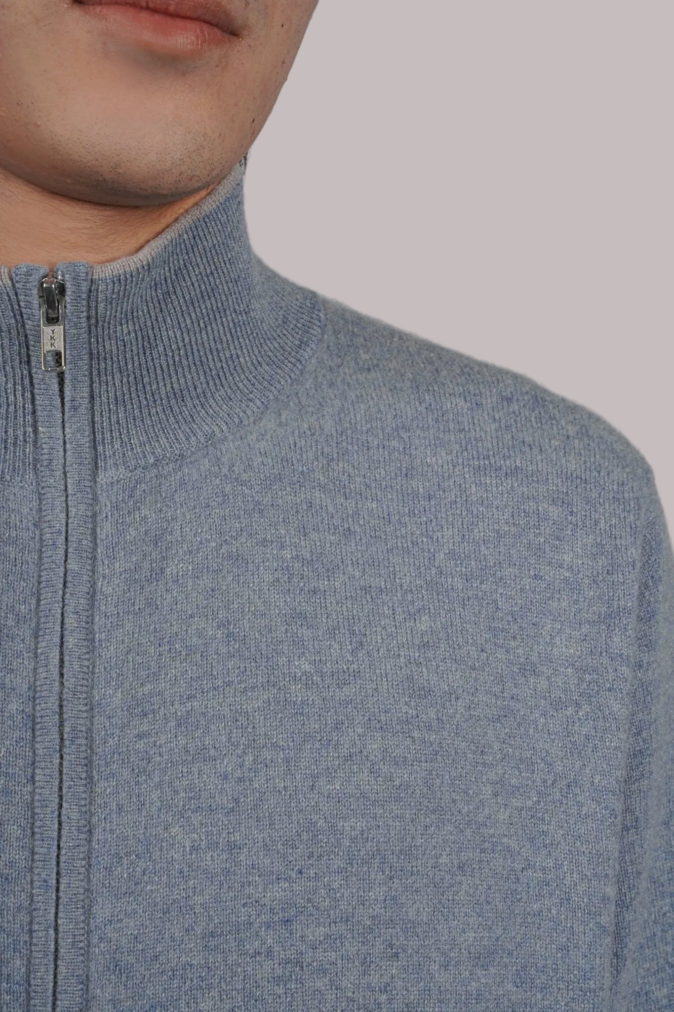 Alexander Zipper Cashmere Sweater - Contrasting Collar - Blue Sky Cashmere