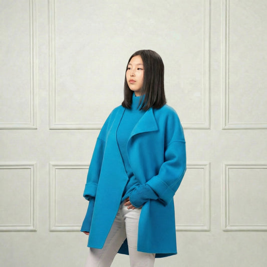 Collarless Short Wool Coat - Blue Sky Cashmere