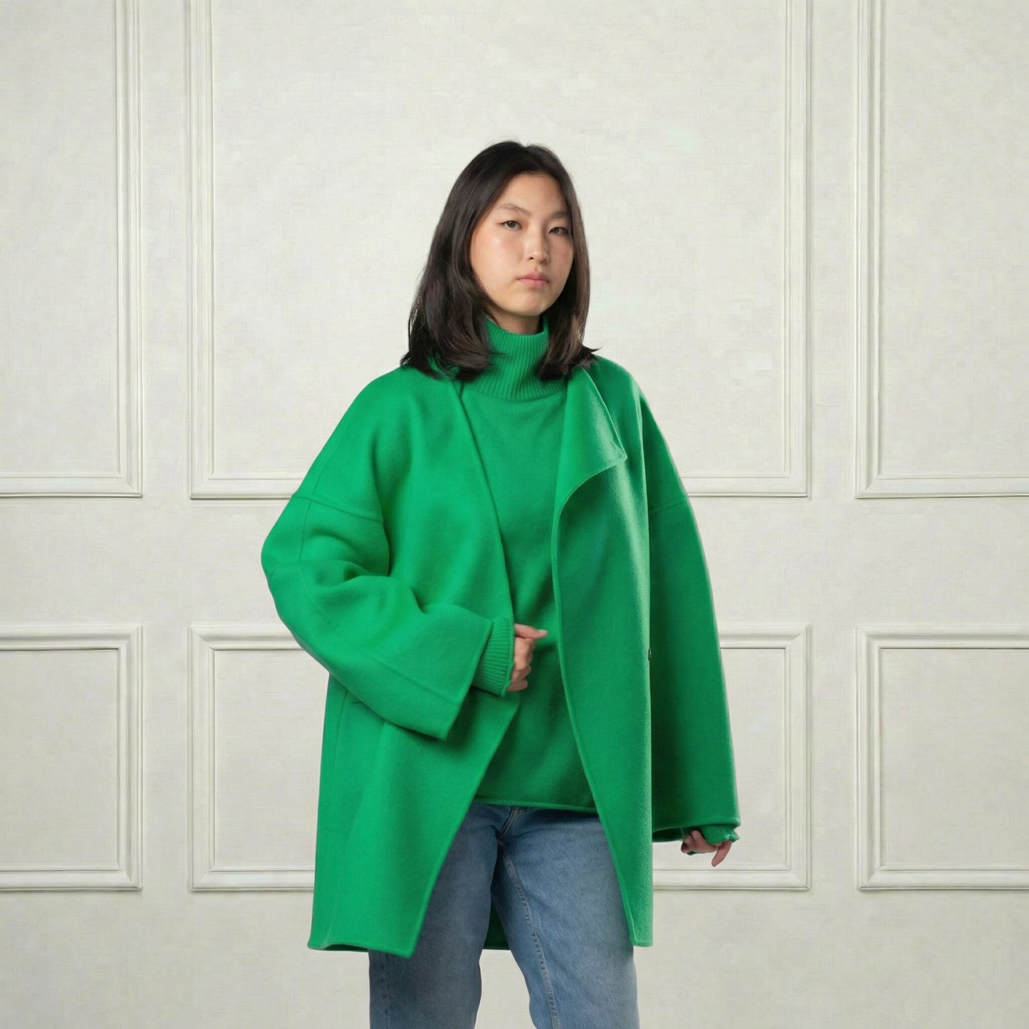 Collarless Wool Short Coat - Blue Sky Cashmere