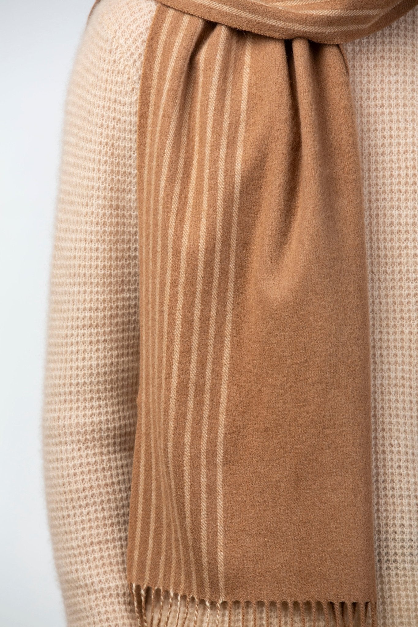 Striped Fringed Camel Scarf - Blue Sky Cashmere