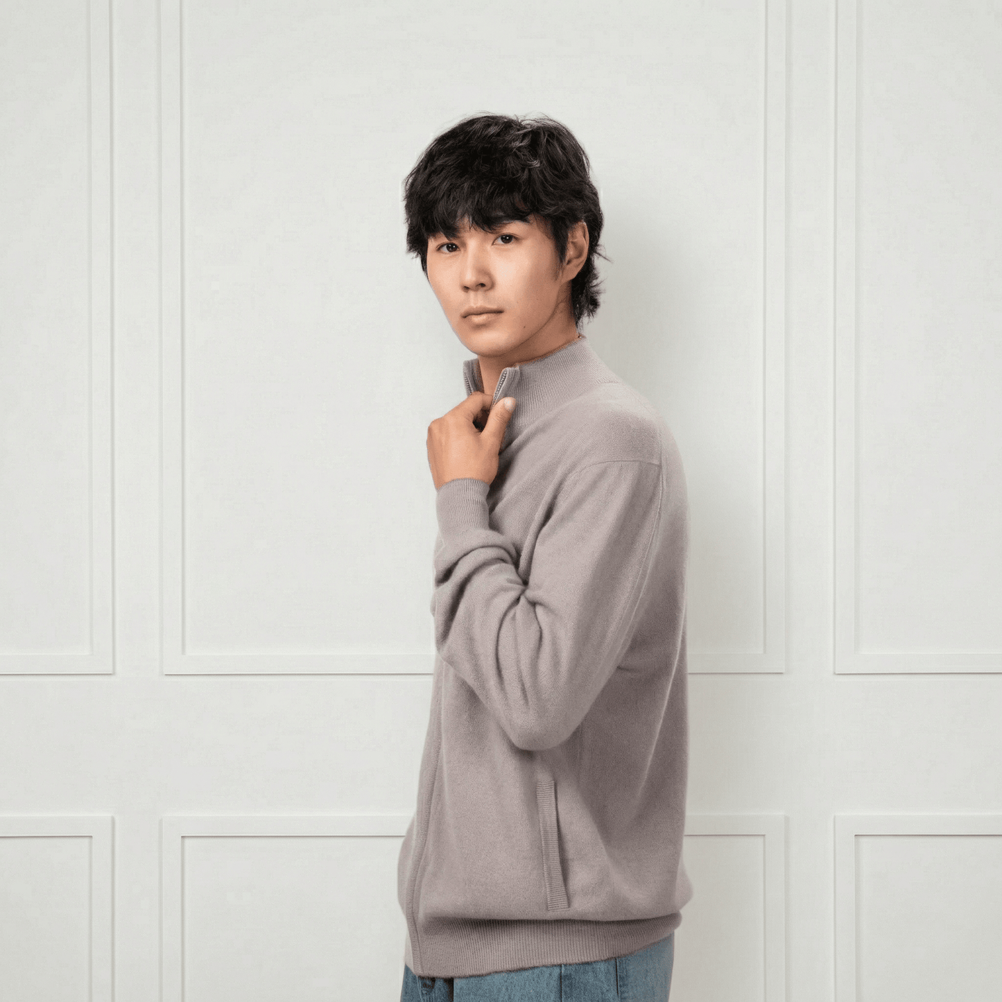 Alexander Zipper Cashmere Sweater - Contrasting Collar - Blue Sky Cashmere