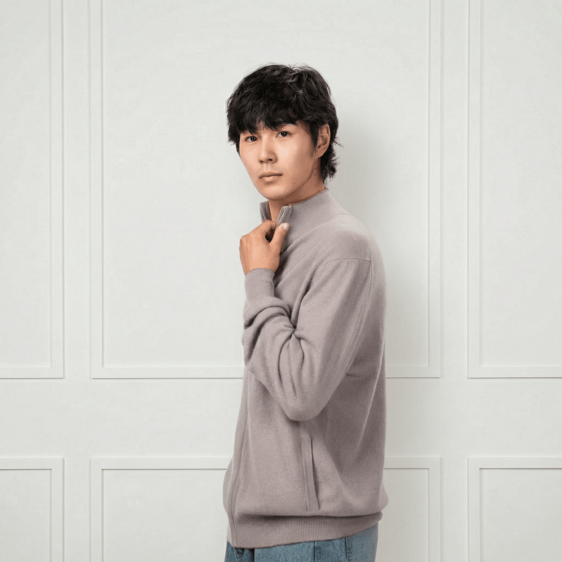 Alexander Zipper Cashmere Sweater - Contrasting Collar - Blue Sky Cashmere