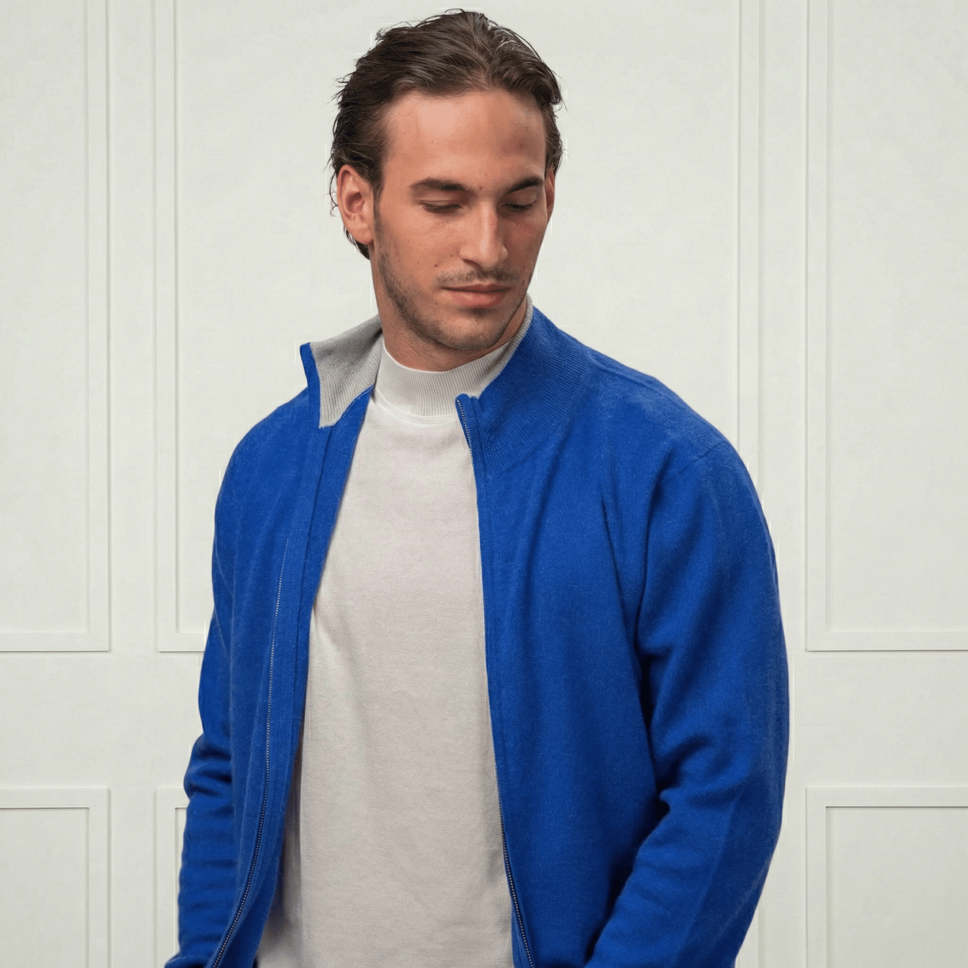 Alexander Zipper Cashmere Sweater - Contrasting Collar - Blue Sky Cashmere