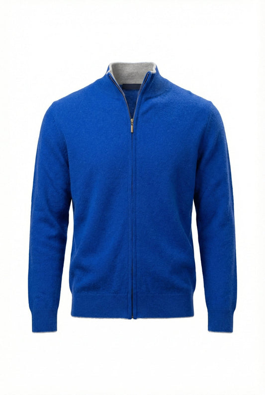 Alexander Zipper Cashmere Sweater - Contrasting Collar - Blue Sky Cashmere