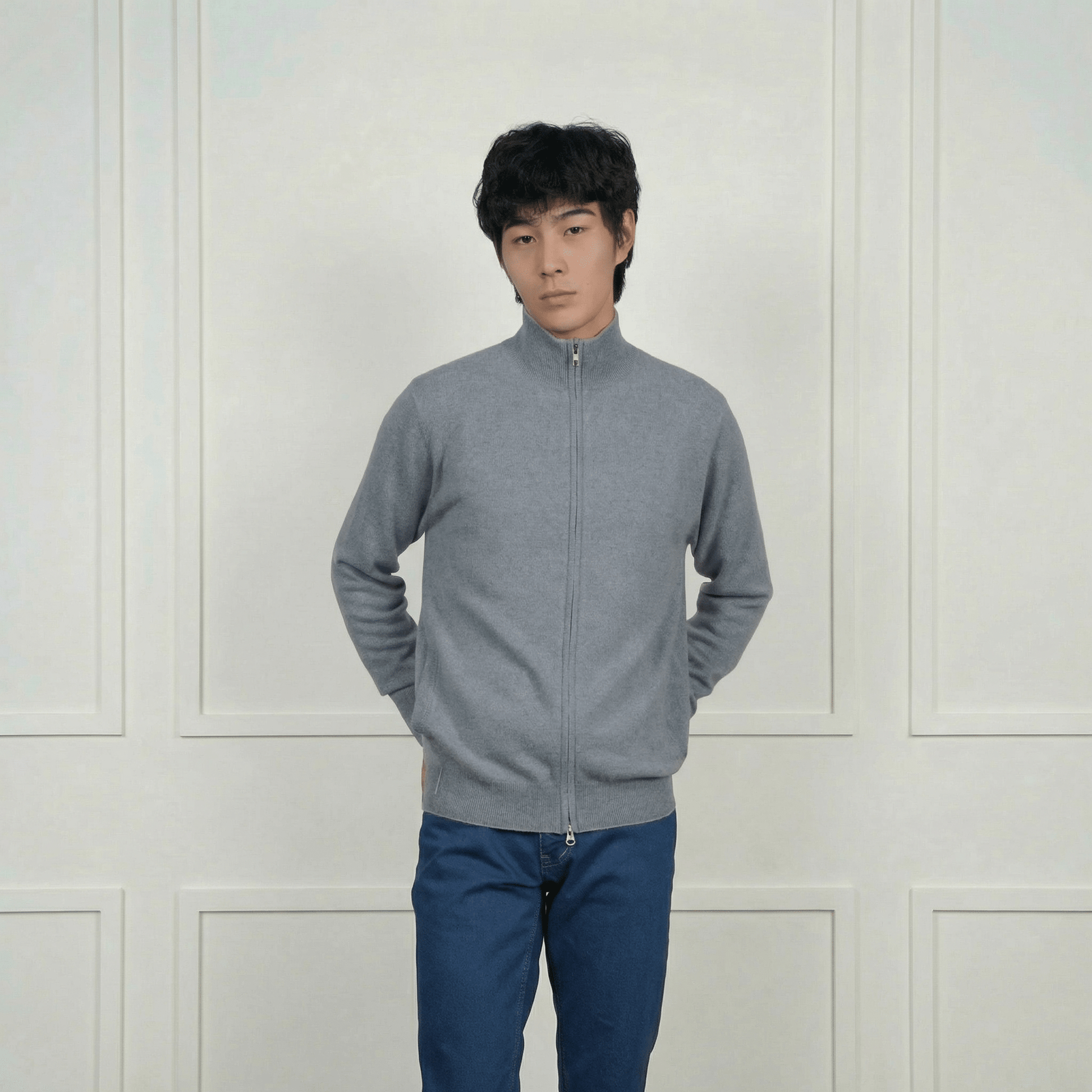 Alexander Zipper Cashmere Sweater - Contrasting Collar - Blue Sky Cashmere