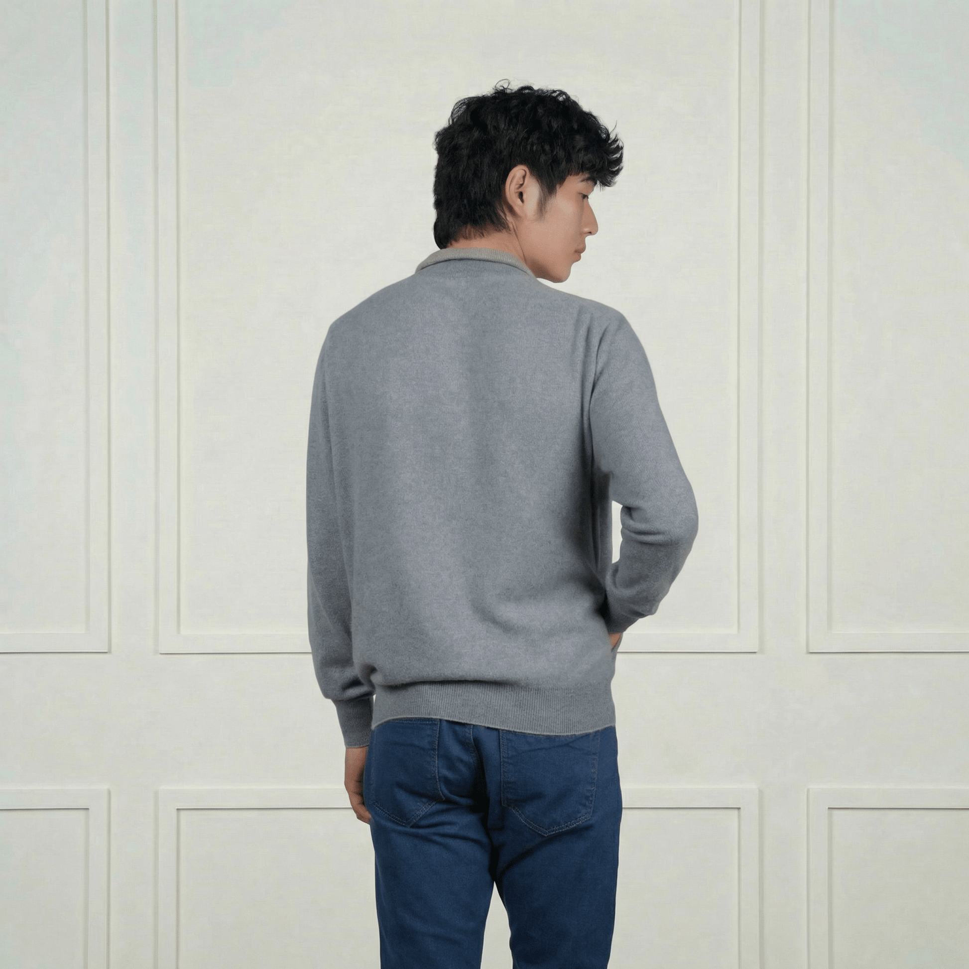 Alexander Zipper Cashmere Sweater - Contrasting Collar - Blue Sky Cashmere