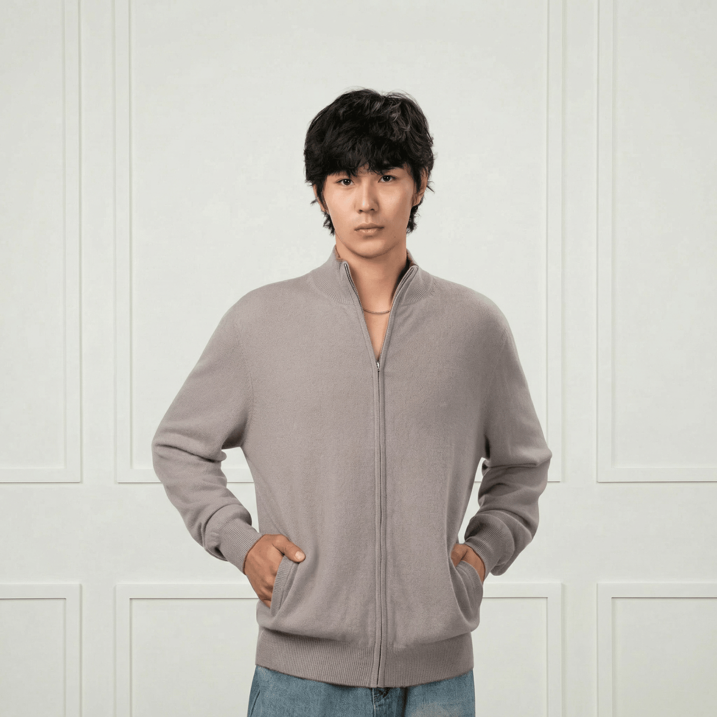 Alexander Zipper Cashmere Sweater - Contrasting Collar - Blue Sky Cashmere