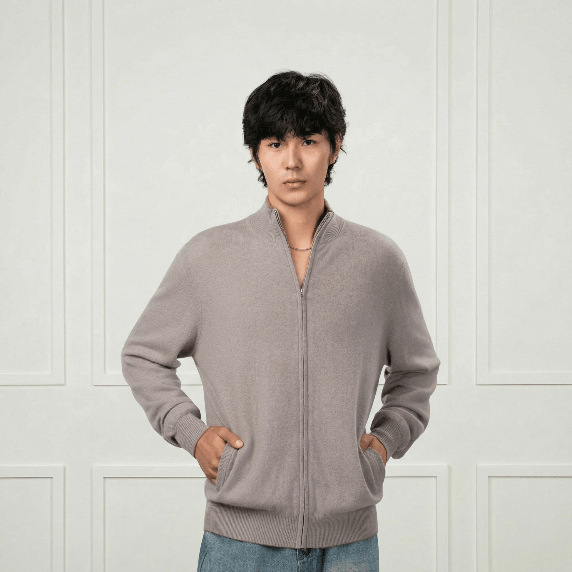 Alexander Zipper Cashmere Sweater - Contrasting Collar - Blue Sky Cashmere