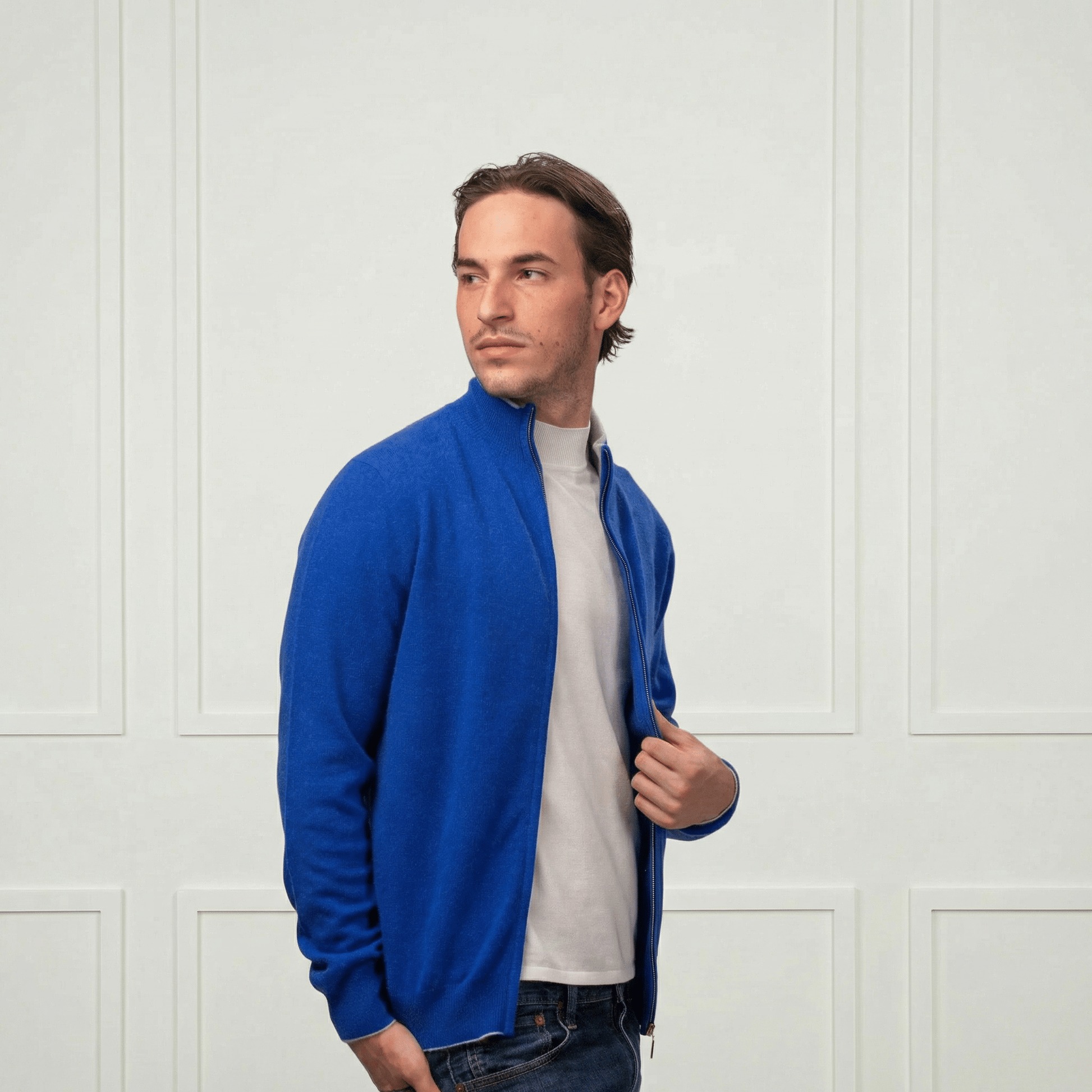Alexander Zipper Cashmere Sweater - Contrasting Collar - Blue Sky Cashmere