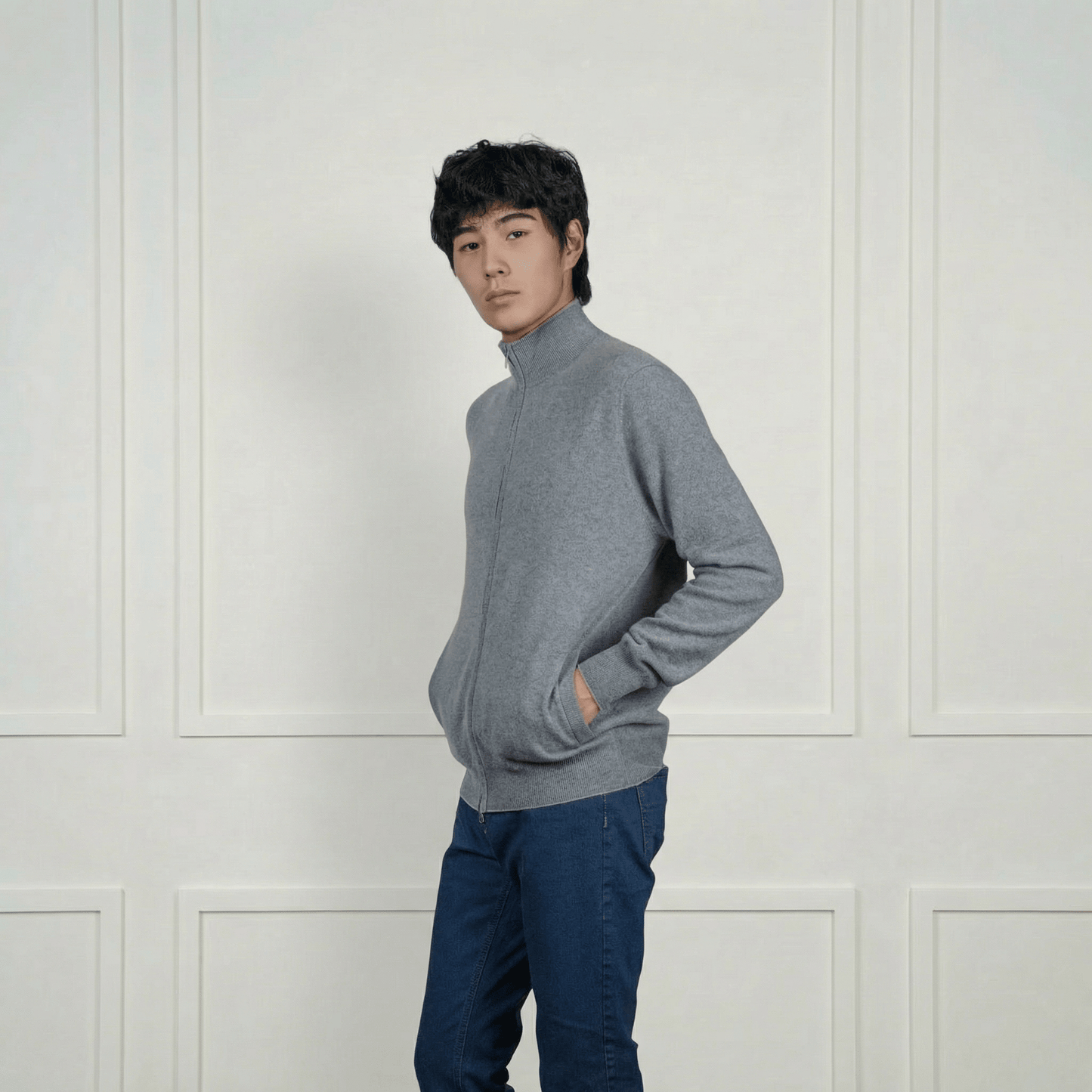 Alexander Zipper Cashmere Sweater - Contrasting Collar - Blue Sky Cashmere