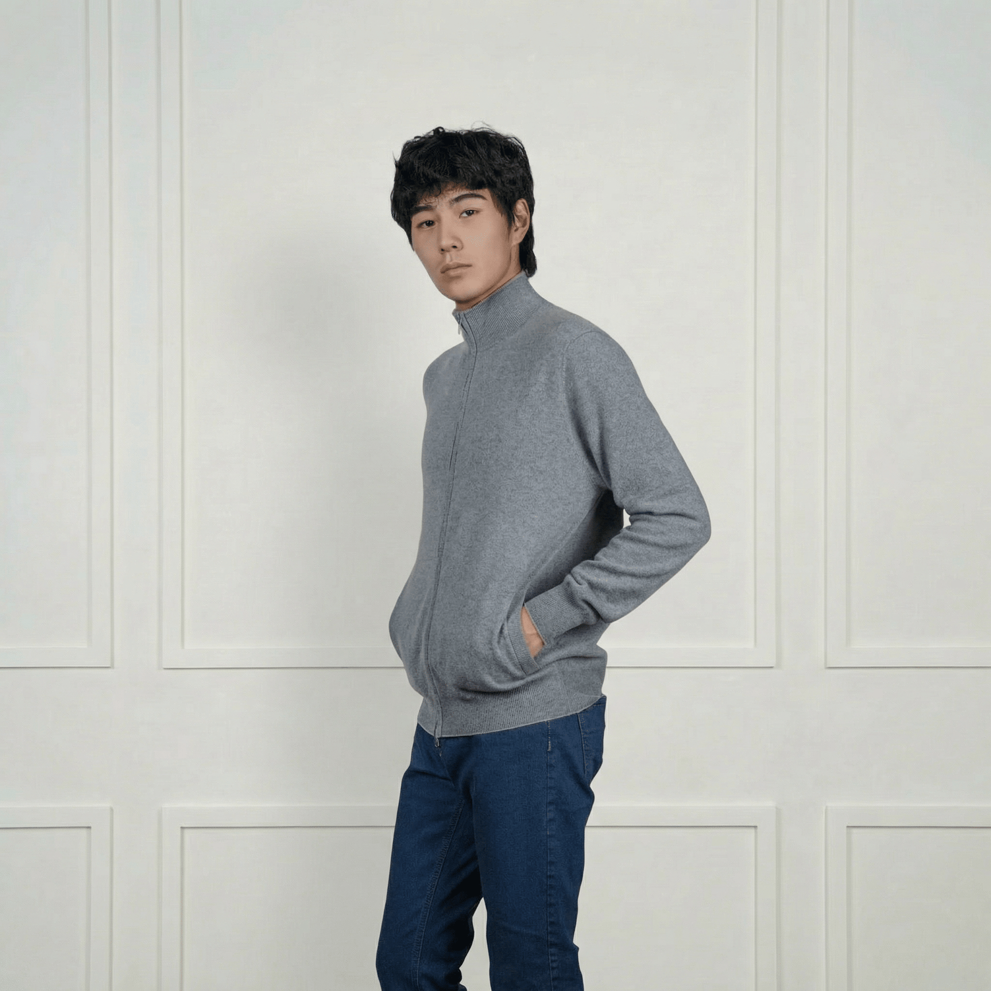Alexander Zipper Cashmere Sweater - Contrasting Collar - Blue Sky Cashmere