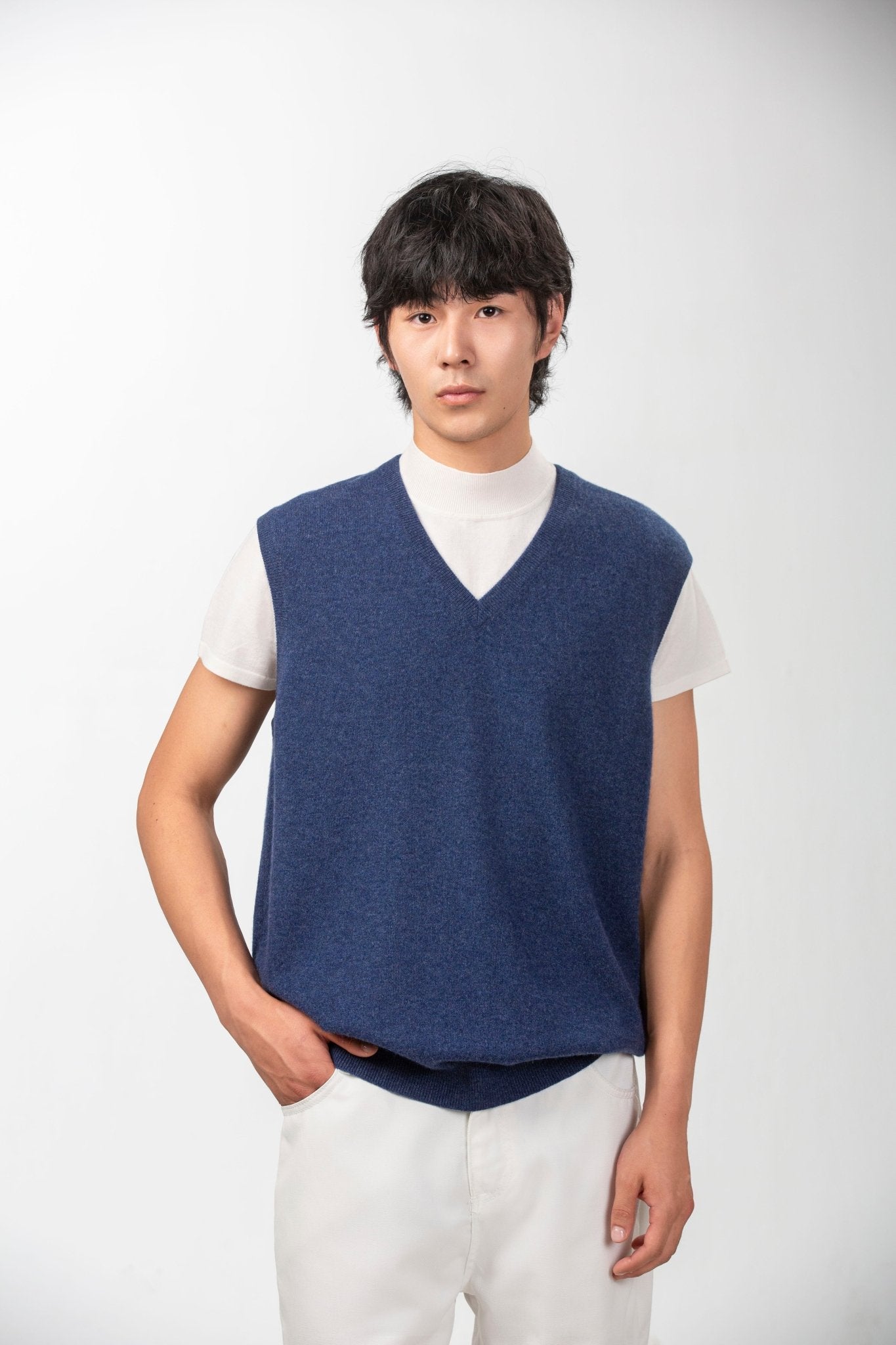 Classic V Neck Cashmere Vest - Blue Sky Cashmere