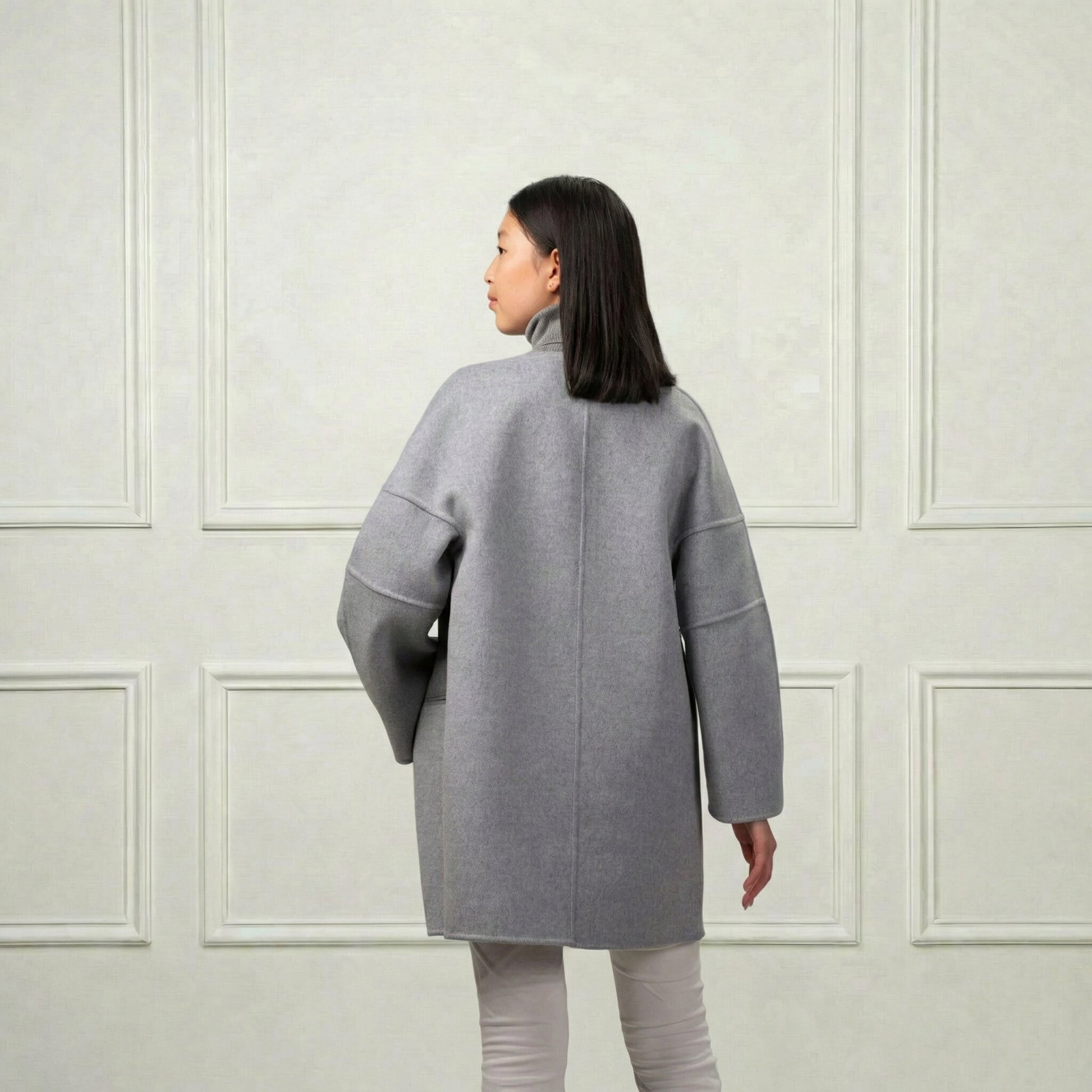 Collarless Short Wool Coat - Blue Sky Cashmere