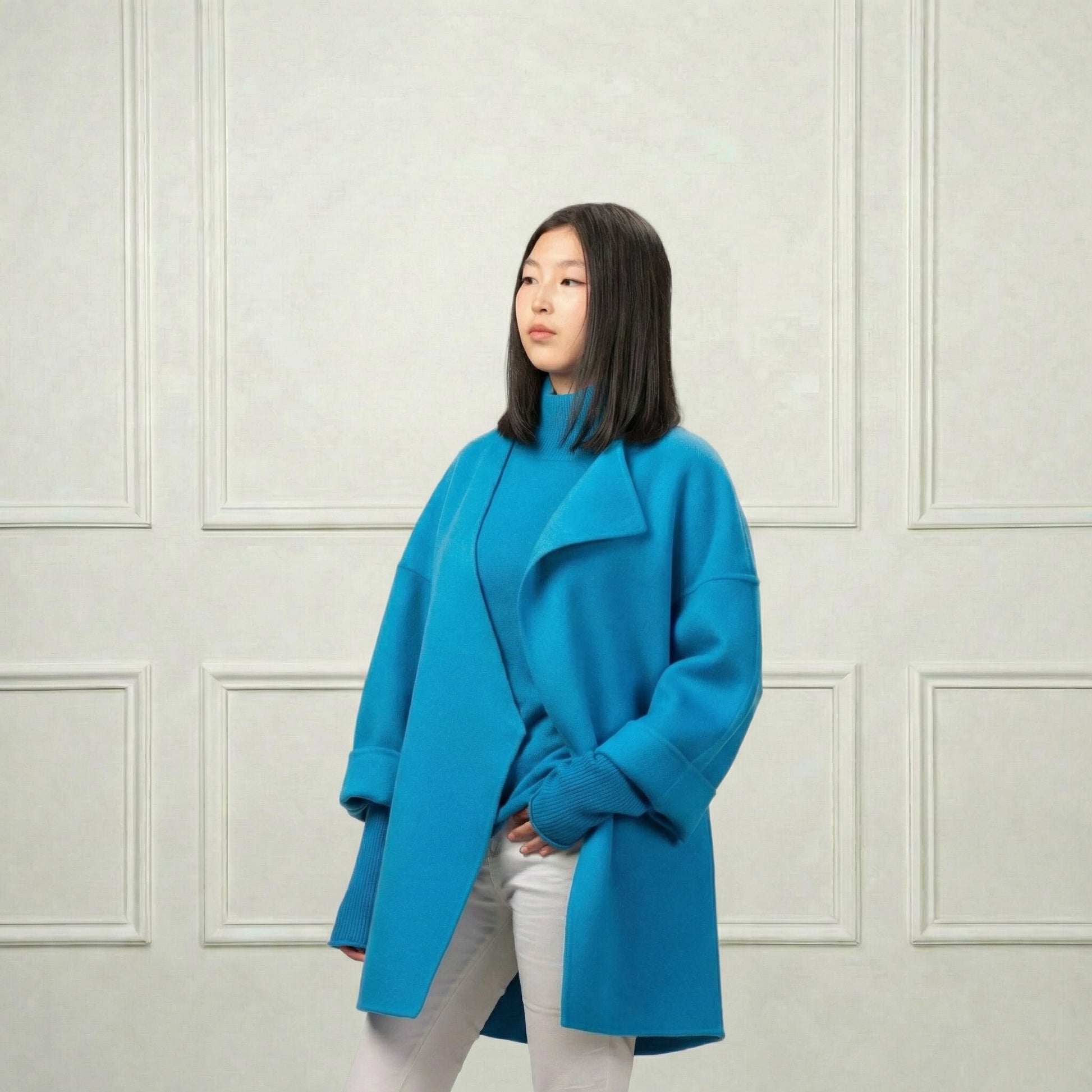 Collarless Short Wool Coat - Blue Sky Cashmere