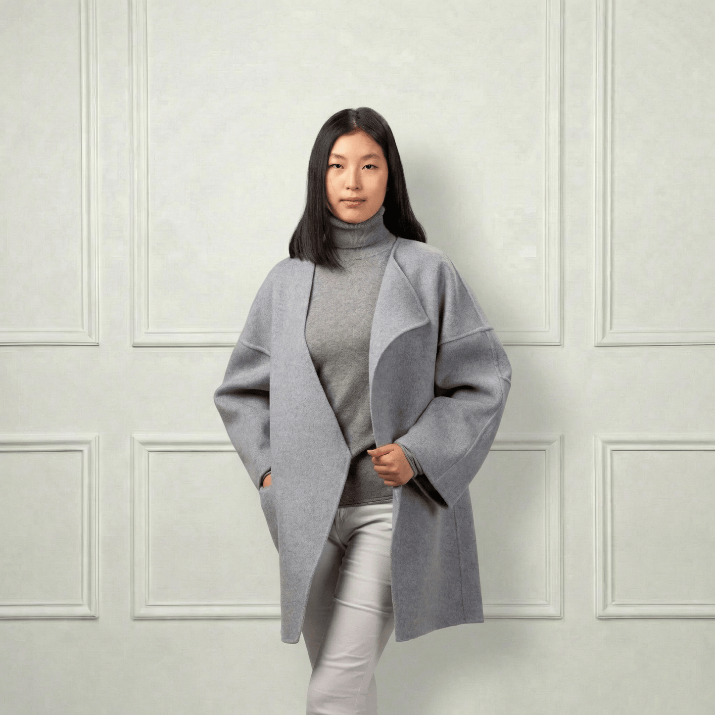 Collarless Short Wool Coat - Blue Sky Cashmere