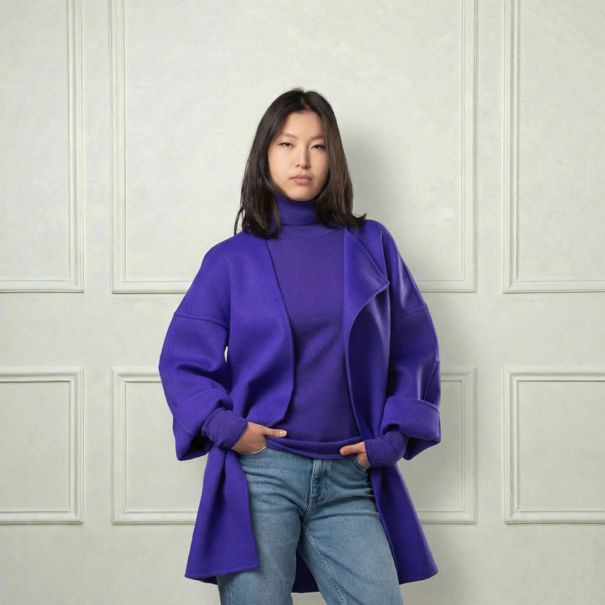 Collarless Short Wool Coat - Blue Sky Cashmere