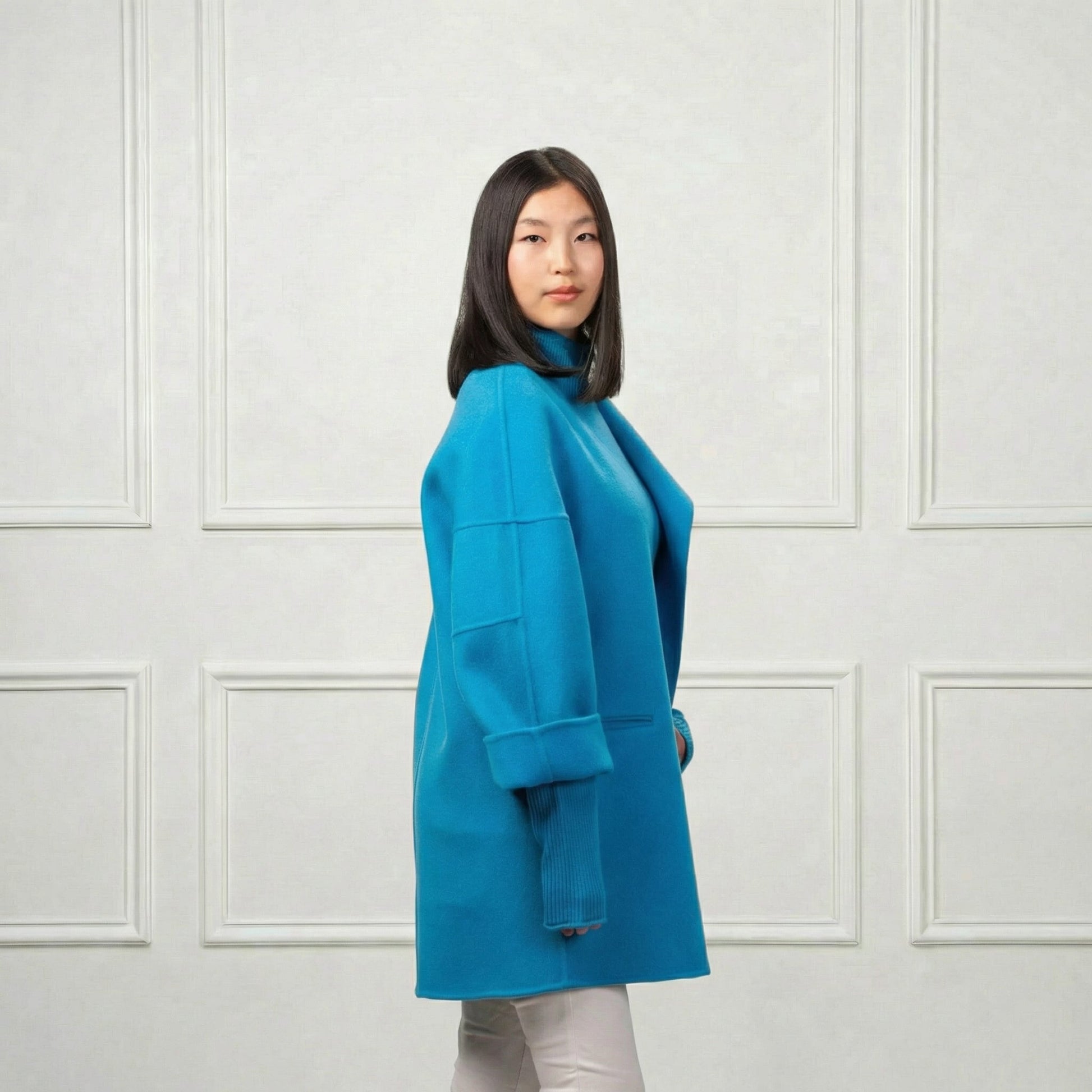 Collarless Short Wool Coat - Blue Sky Cashmere