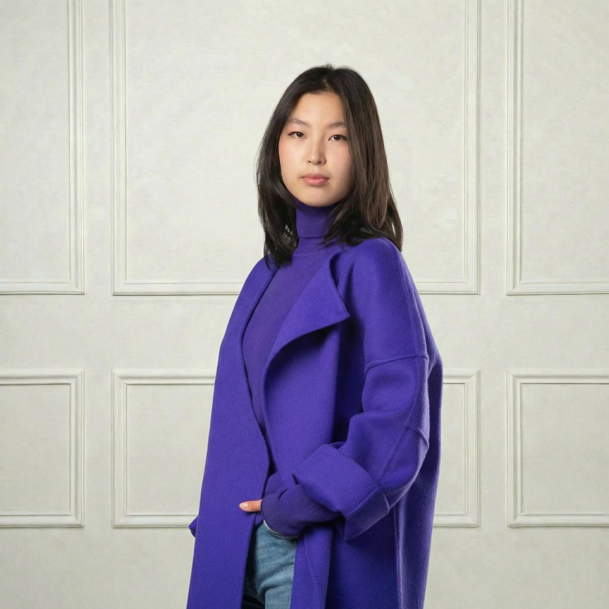 Collarless Short Wool Coat - Blue Sky Cashmere