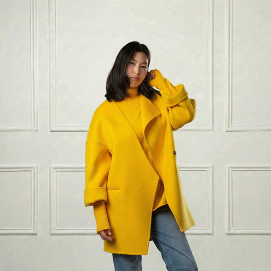 Collarless Wool Short Coat - Blue Sky Cashmere