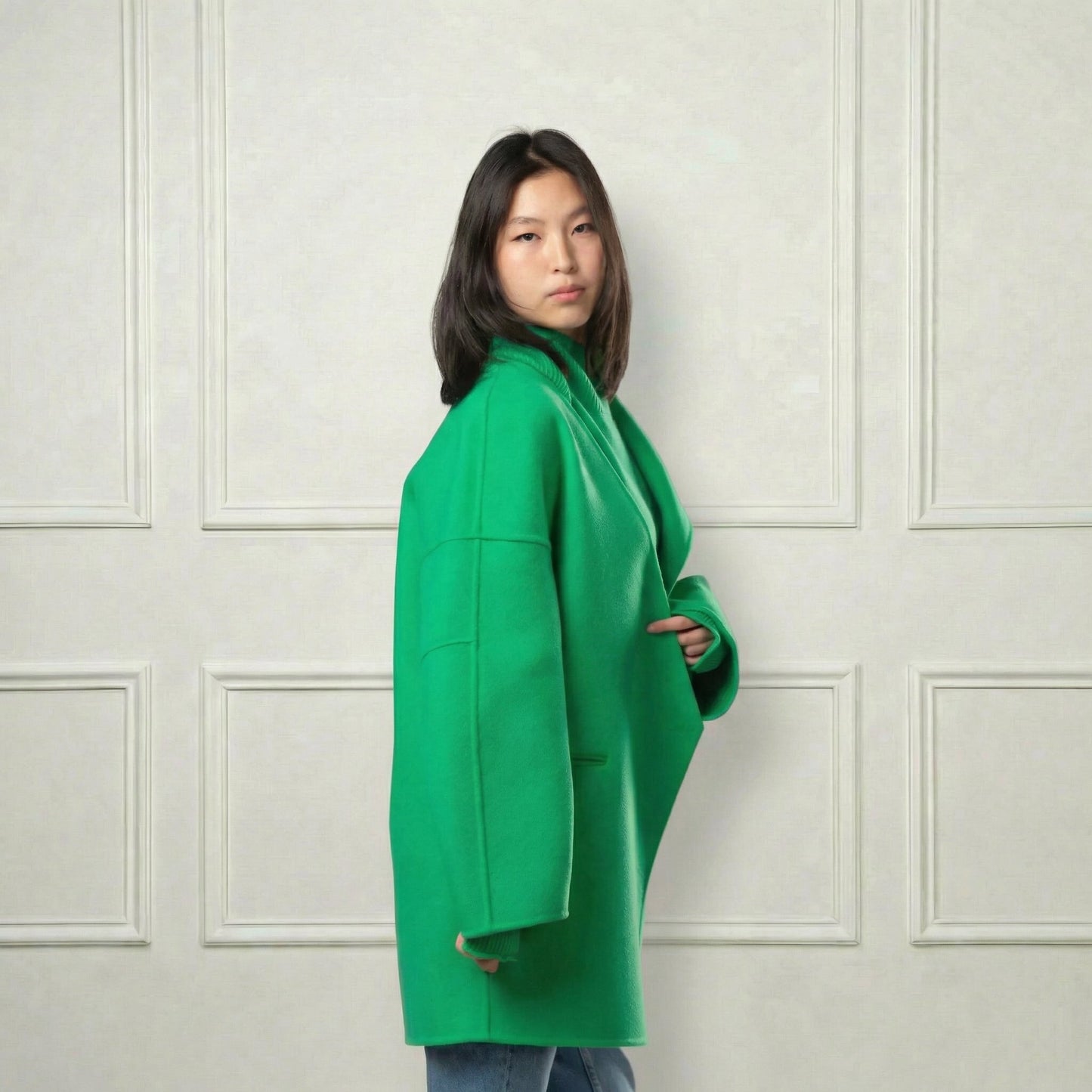Collarless Wool Short Coat - Blue Sky Cashmere