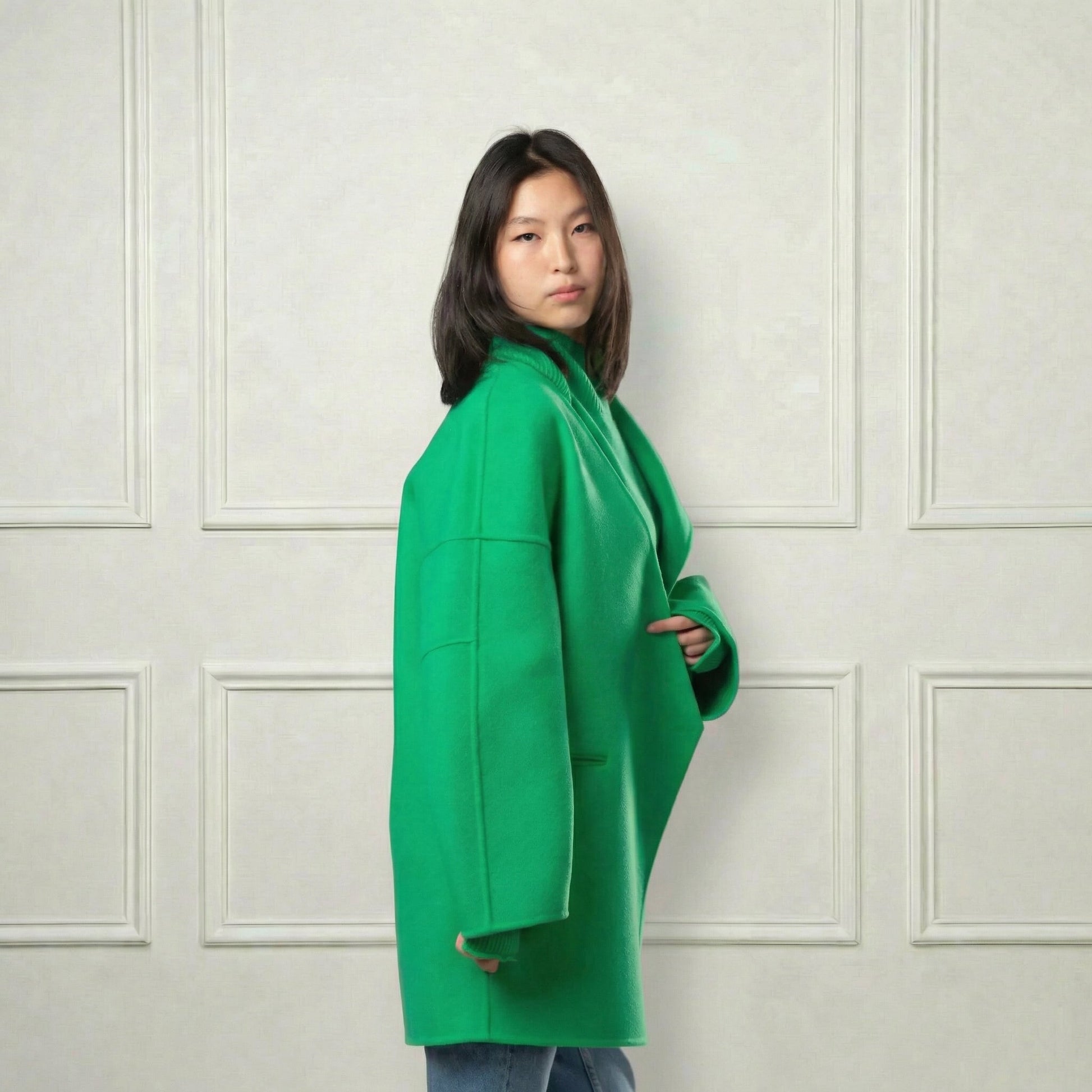 Collarless Wool Short Coat - Blue Sky Cashmere