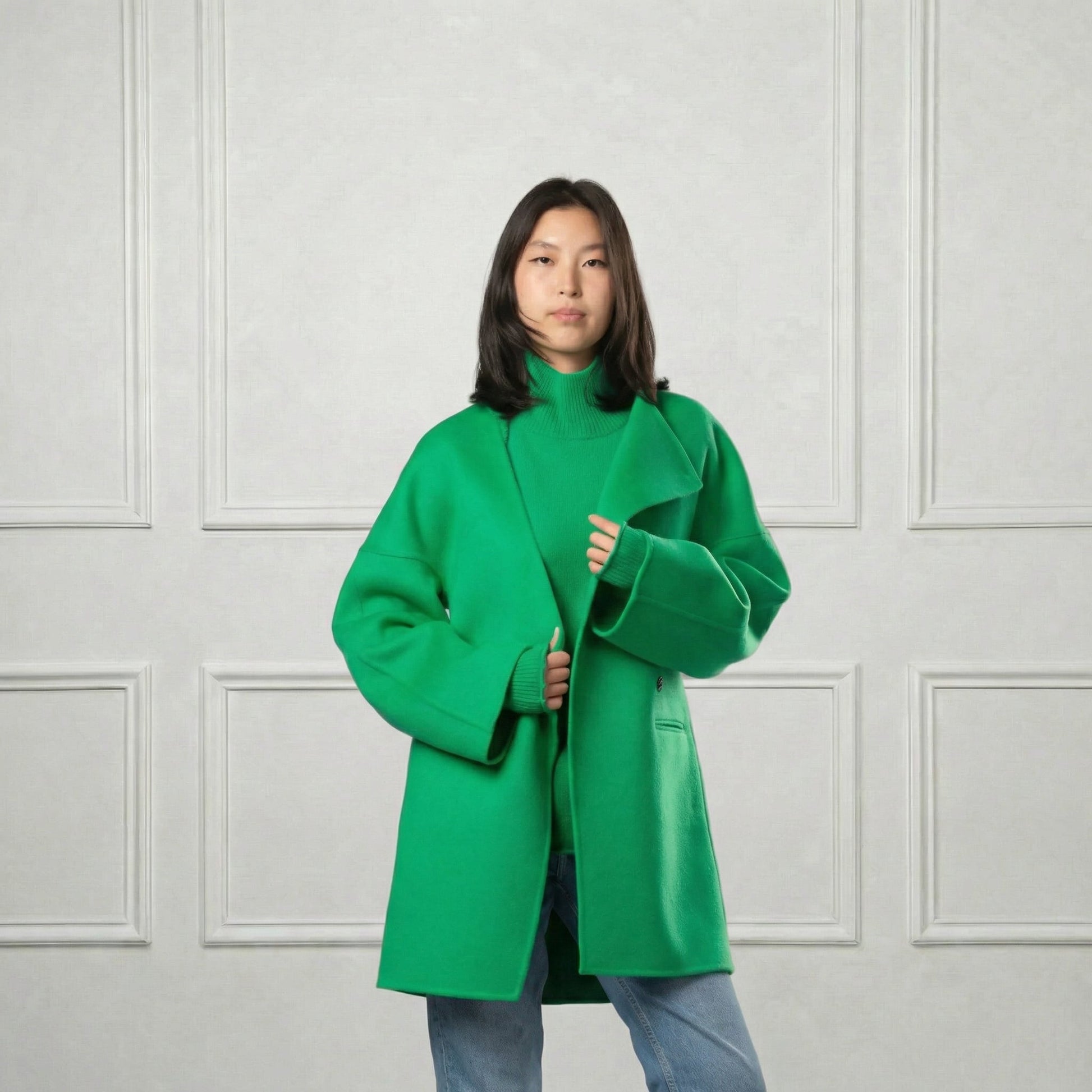 Collarless Wool Short Coat - Blue Sky Cashmere