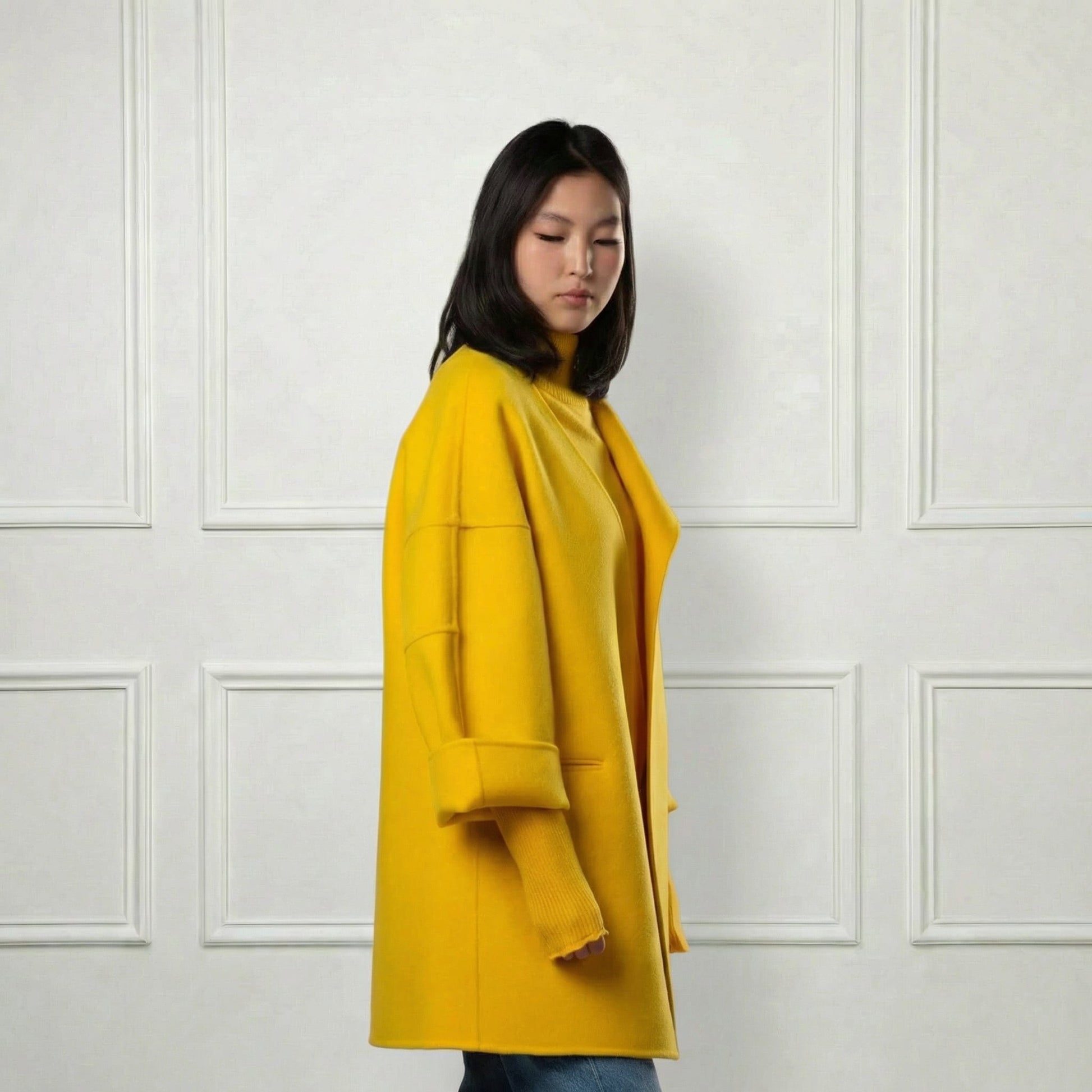 Collarless Wool Short Coat - Blue Sky Cashmere