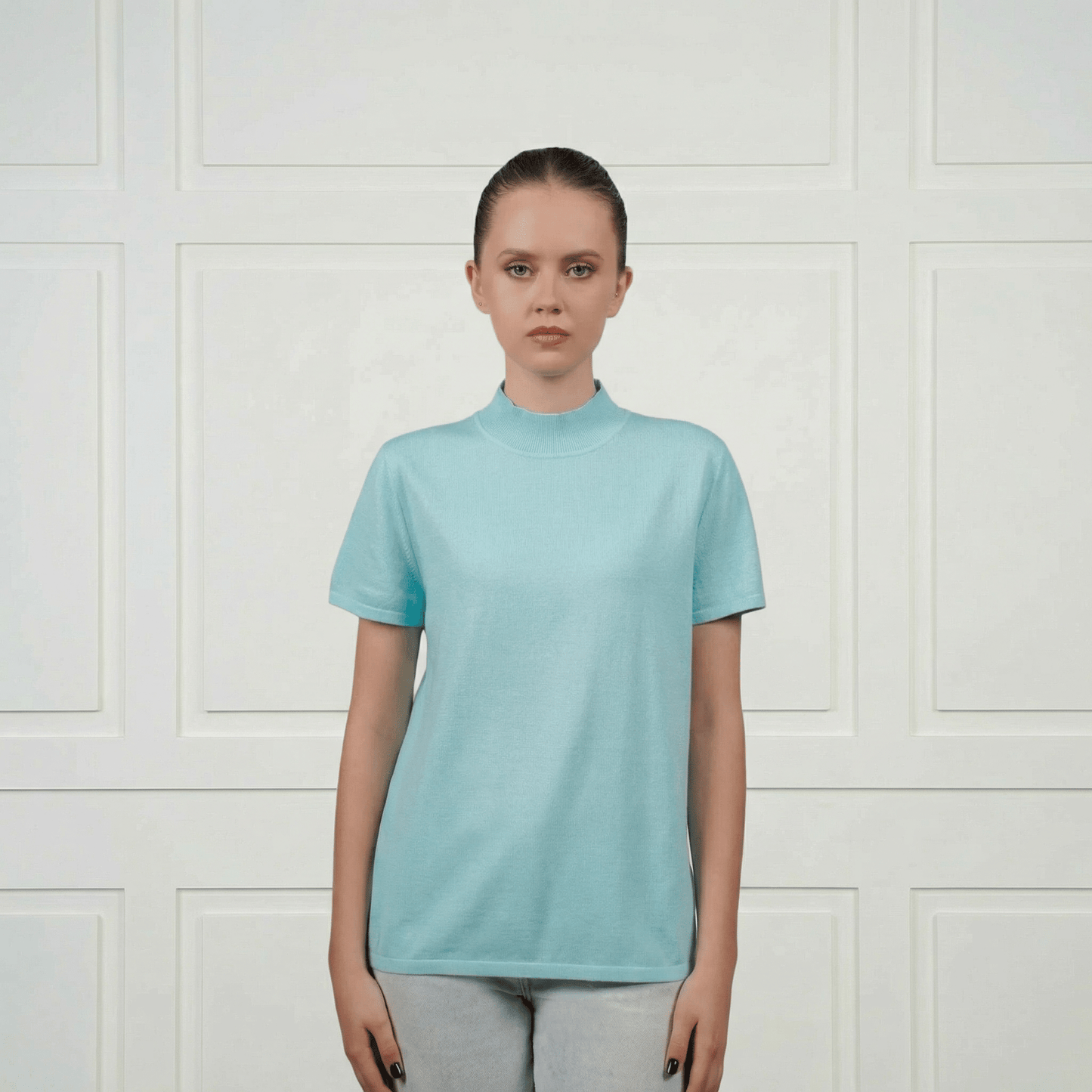 Cotton Silk Cashmere Blend Crew Neck T-Shirt - Blue Sky Cashmere