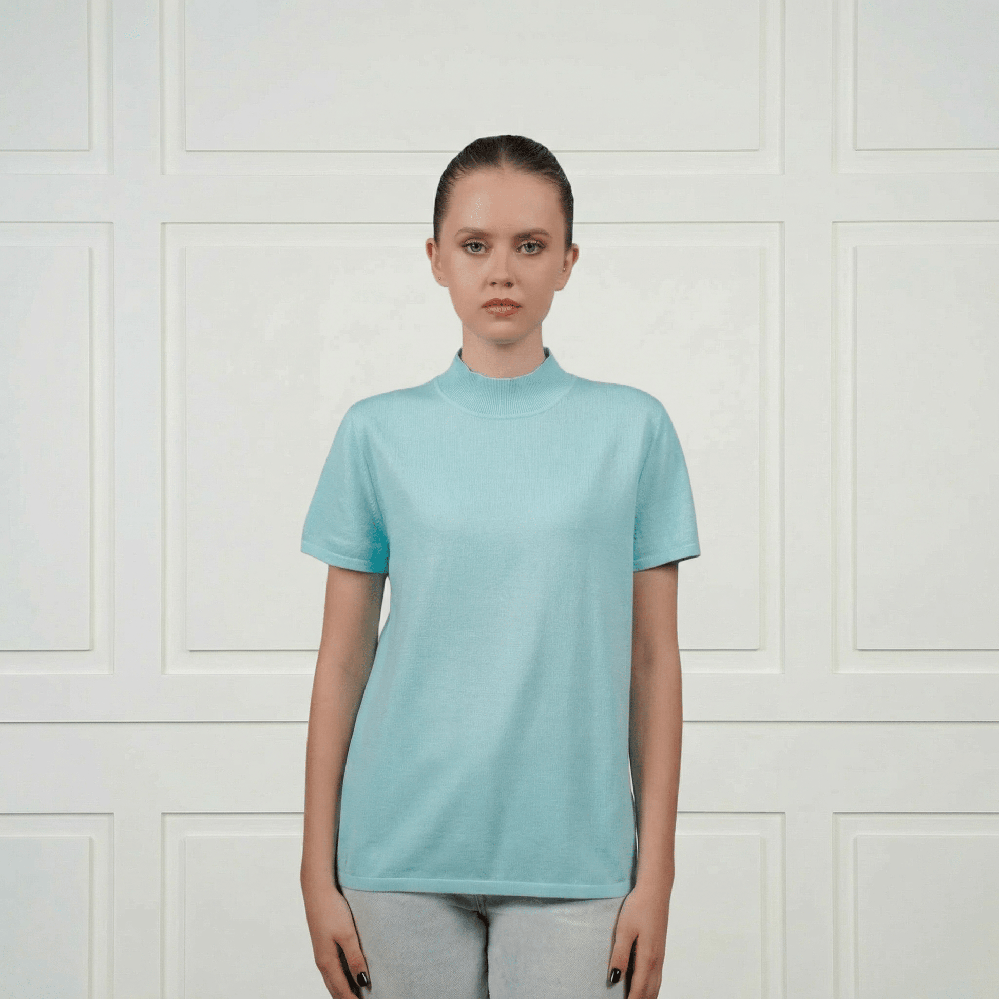Cotton Silk Cashmere Blend Crew Neck T-Shirt - Blue Sky Cashmere