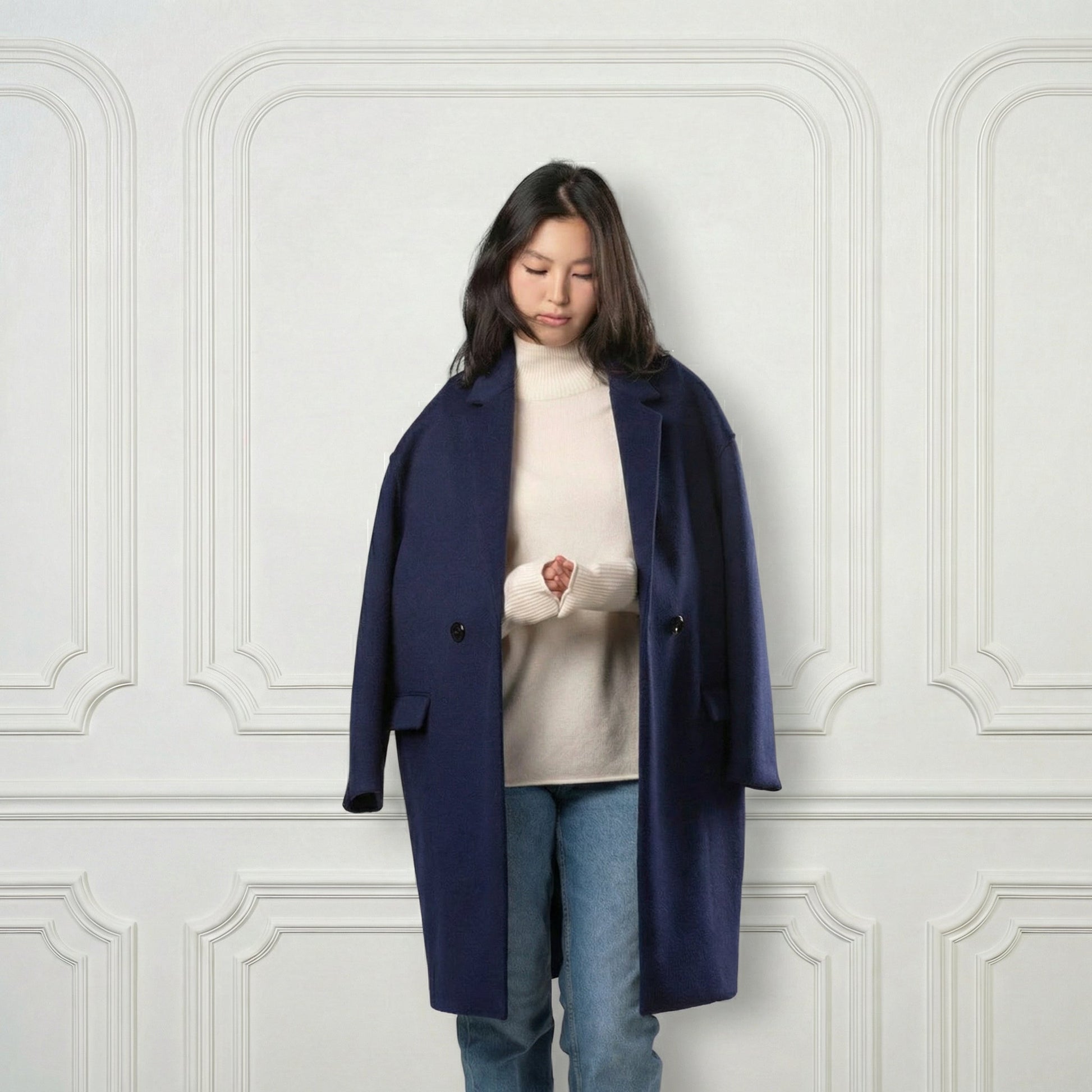 Eleanor One - button Wool Coat - Blue Sky Cashmere