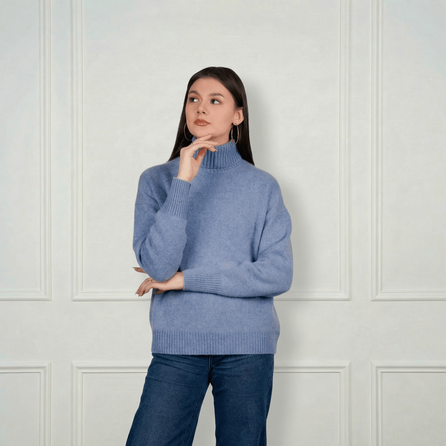 Embroidered Cashmere Turtleneck - Blue Sky Cashmere