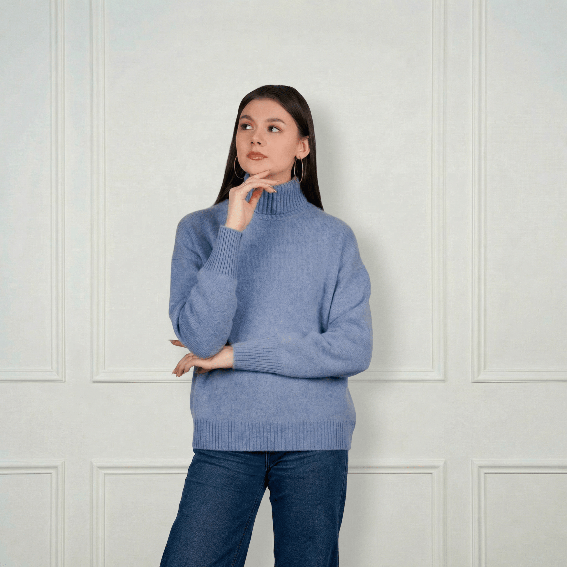 Embroidered Cashmere Turtleneck - Blue Sky Cashmere