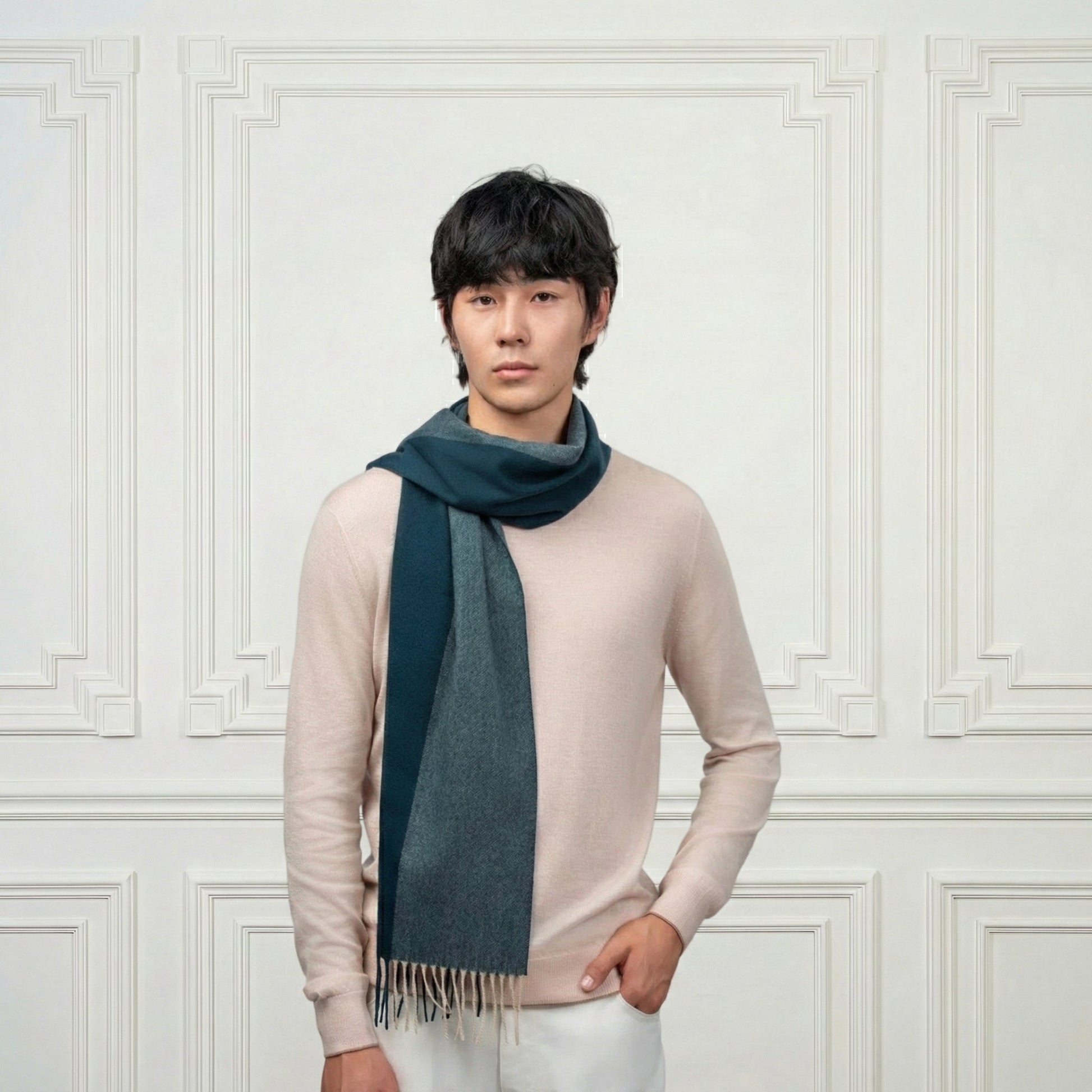 Fringed Cashmere Two Toned Scarf - Blue Sky Cashmere