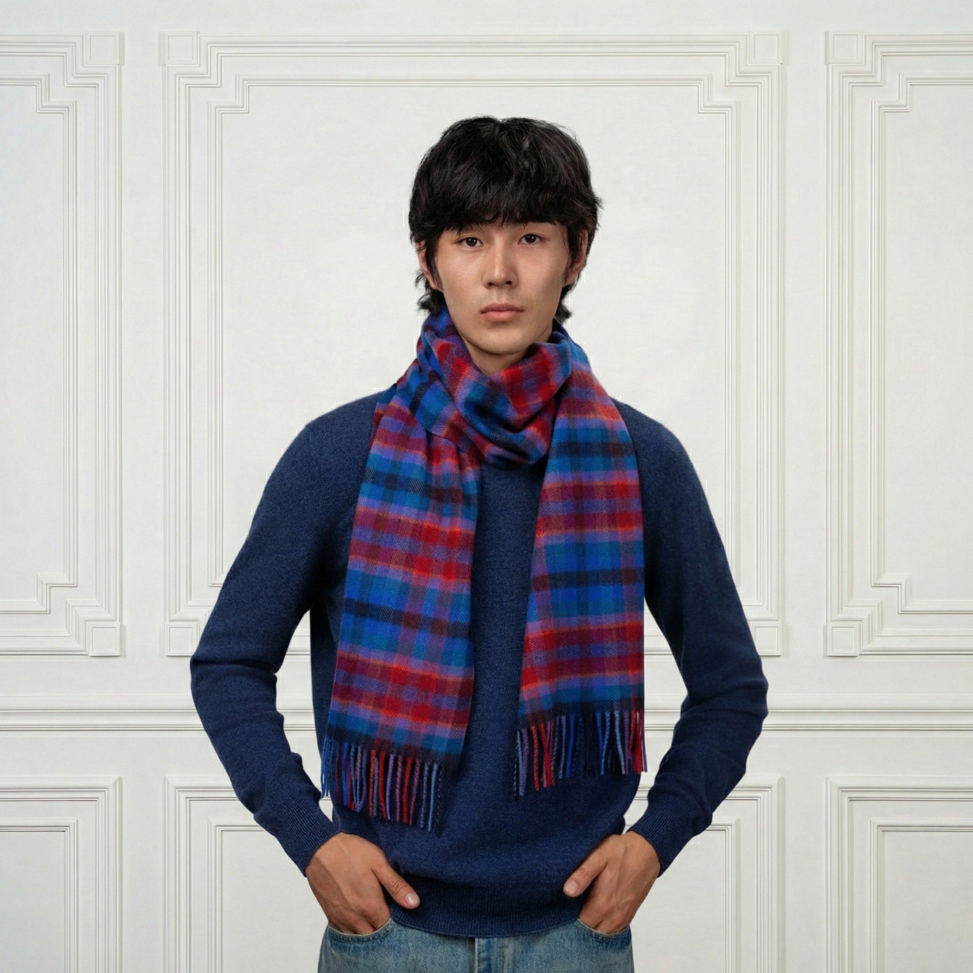 Fringed Cashmere&Wool Multicolored Scarf - Blue Sky Cashmere