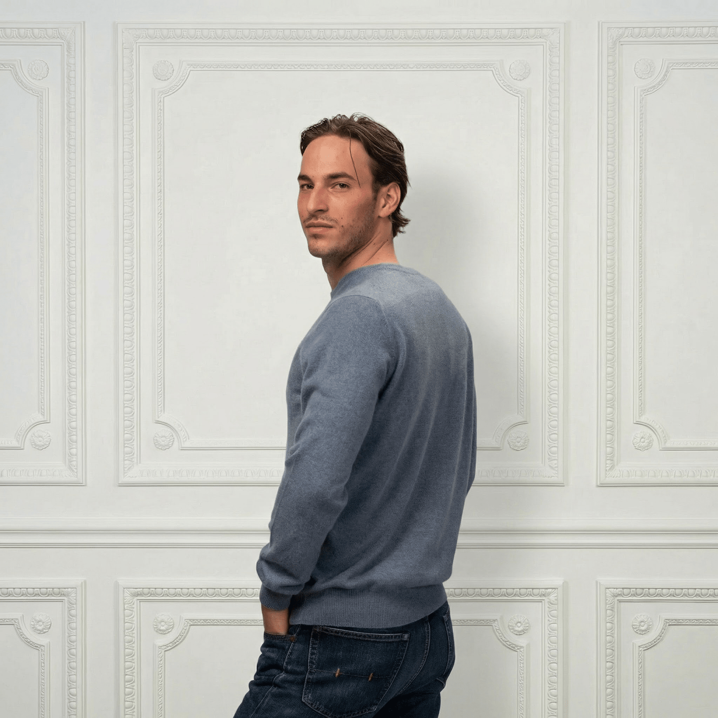 Humphrey Rounded Neckline Cashmere Sweater - Blue Sky Cashmere