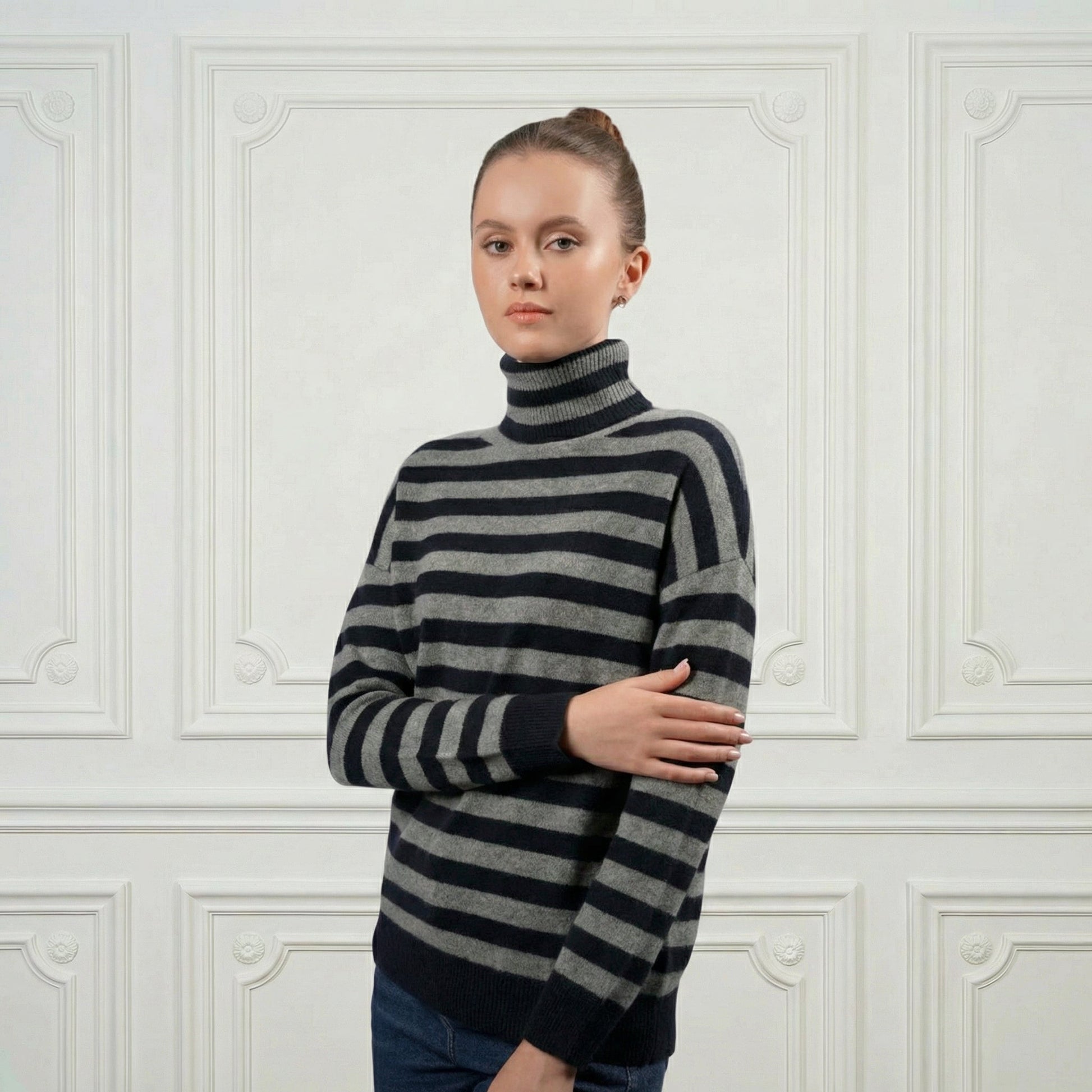 Striped Cashmere Turtleneck - Blue Sky Cashmere