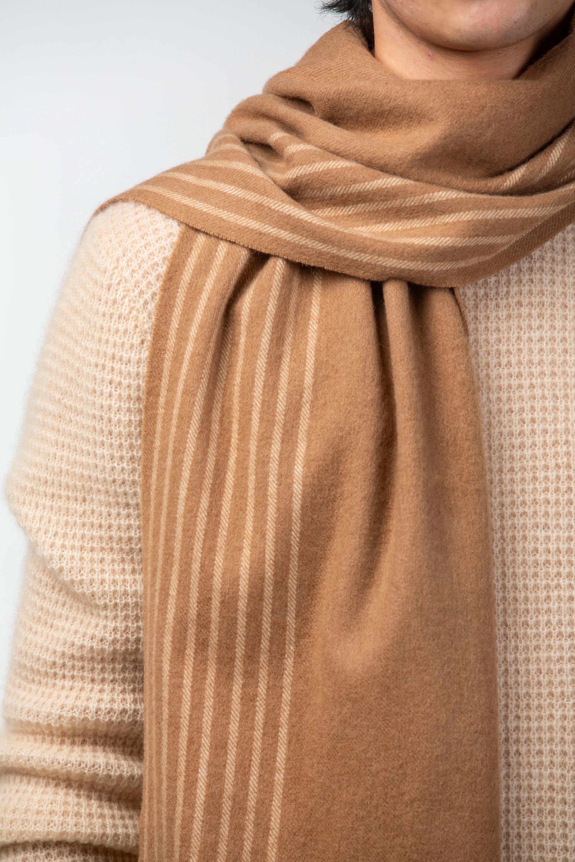 Striped Fringed Camel Scarf - Blue Sky Cashmere