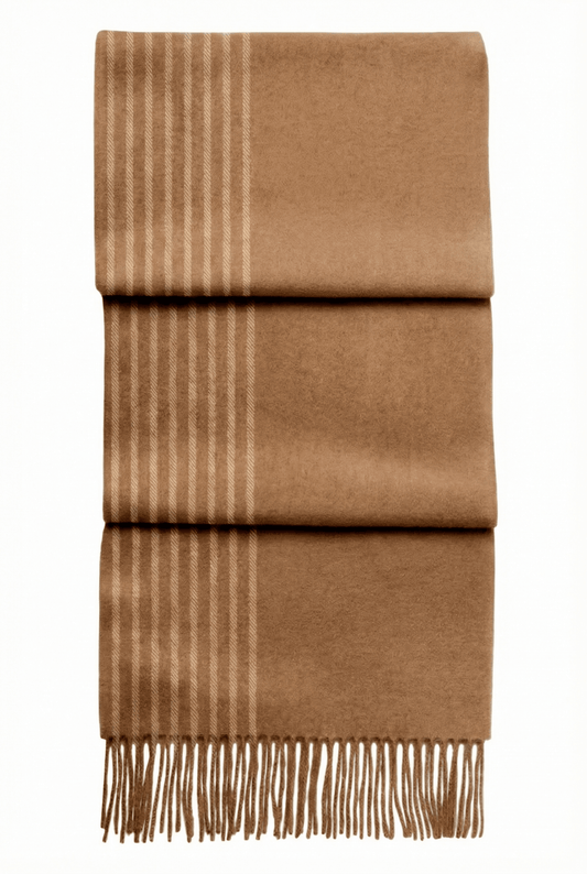 Striped Fringed Camel Scarf - Blue Sky Cashmere