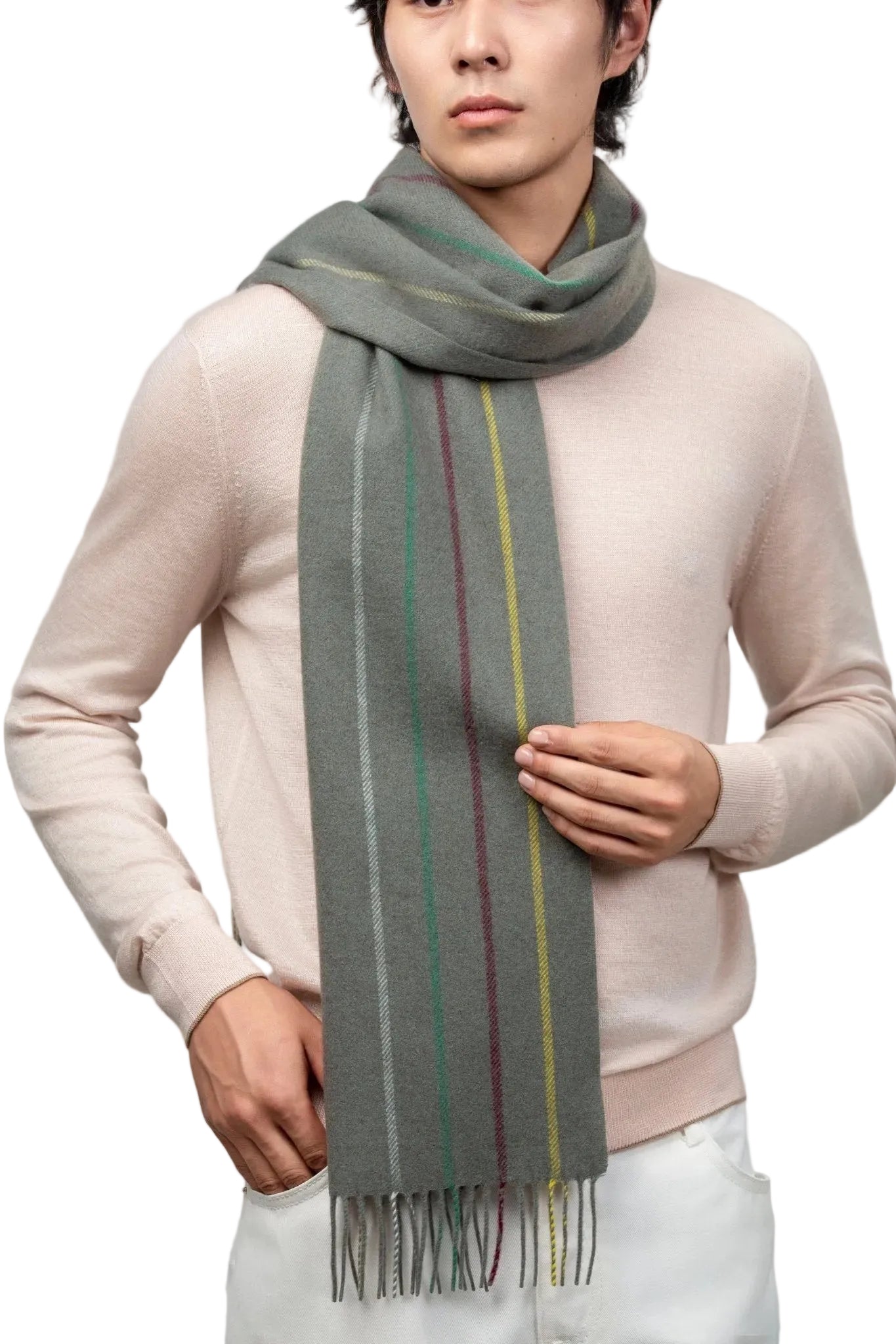 Striped Fringed Cashmere Scarf - Blue Sky Cashmere