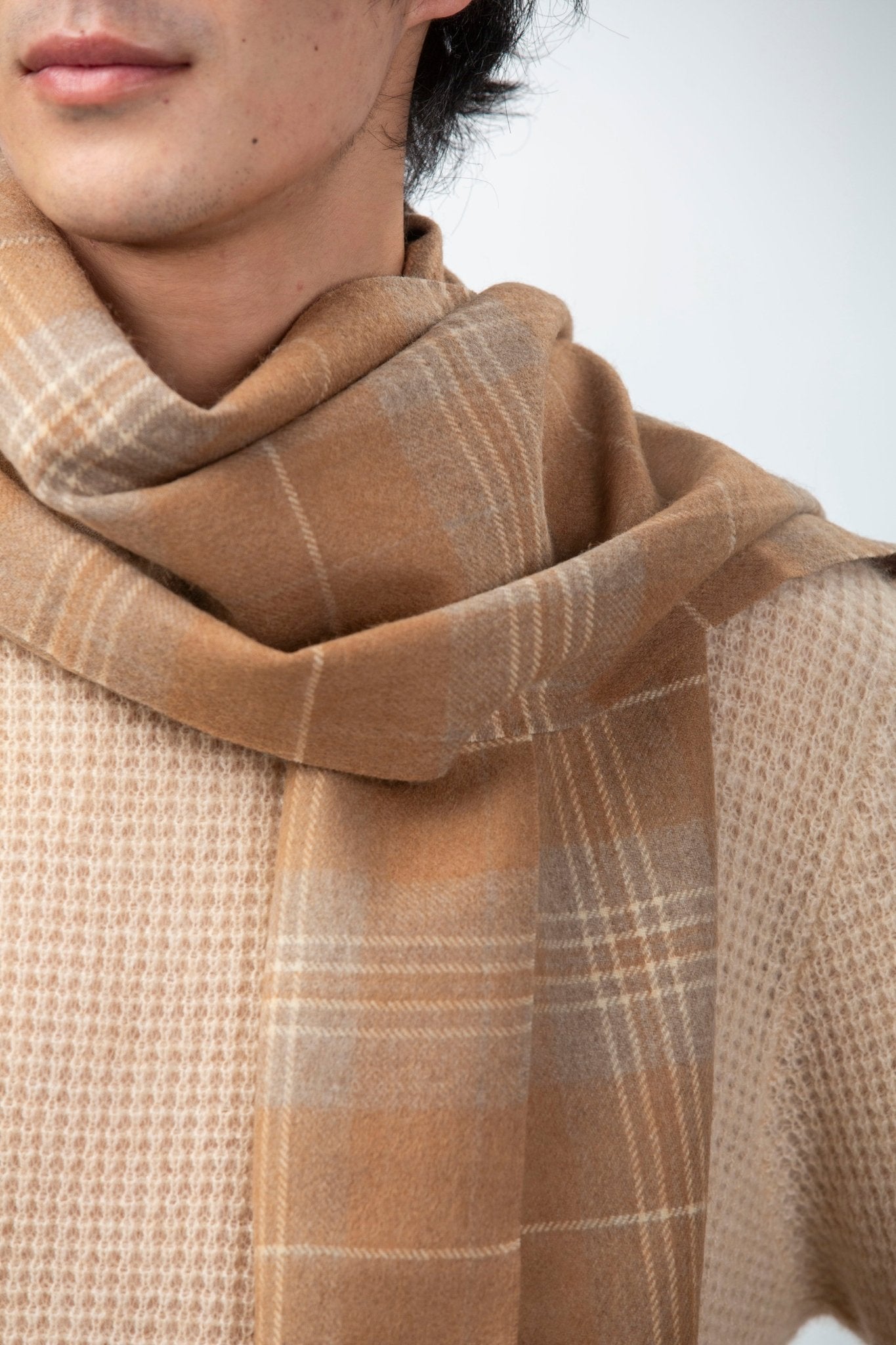 Tartan Fringed Camel Scarf - Blue Sky Cashmere